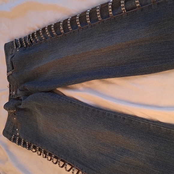 Blue Jeans w/Accents of Rhinestones on Belt Loops & Sides- Open Side Seams - New - Picture 6 of 6